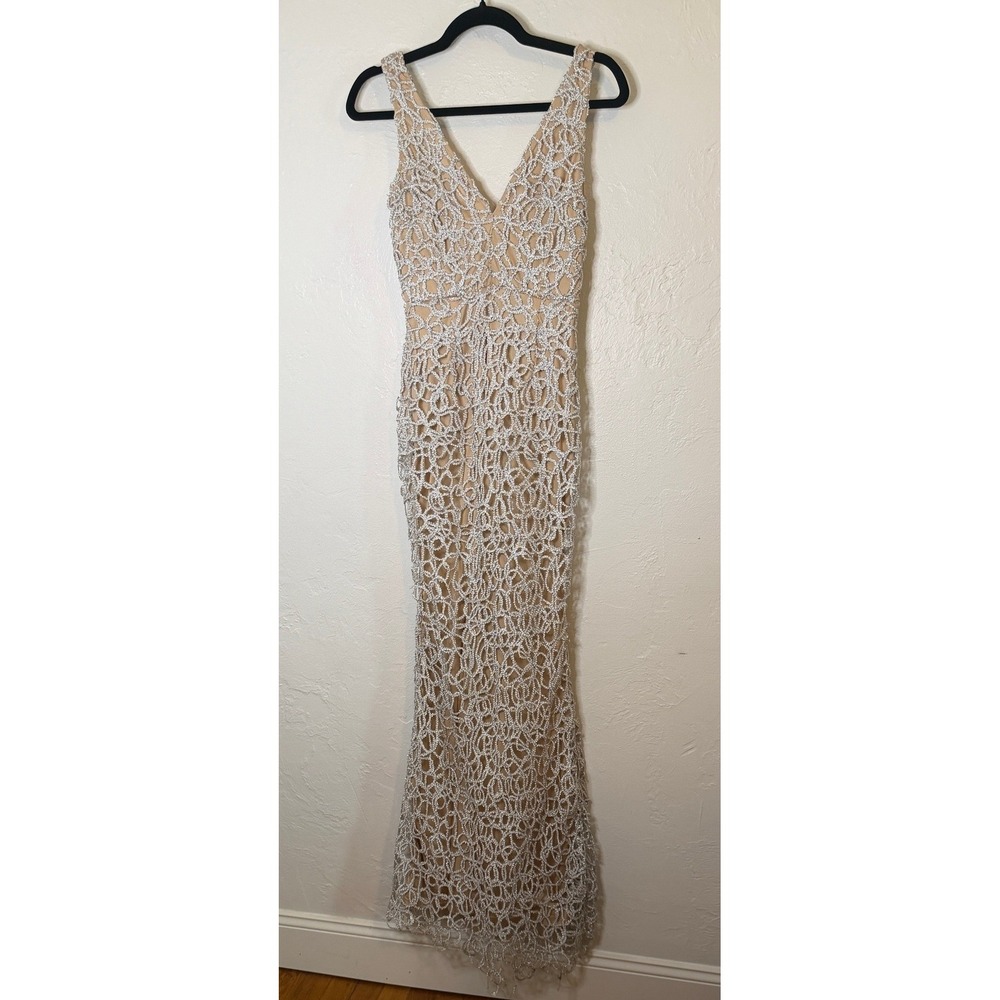 Fashion Nova Womens Silver Sequin Crochet Maxi Dress Nude Lining S Flawed